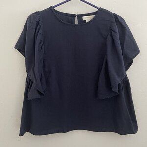 Cocobleu Women Linen Blend Boxy Crop Top Navy Blue L Vacation Cruise Resort